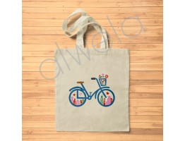 Çiçek Sepetli Bisiklet Motifi Baskılı Hambez Ekru Tote Bez Çanta 35x40 CM