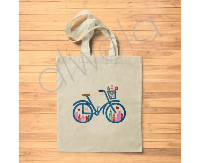 Çiçek Sepetli Bisiklet Motifi Baskılı Hambez Ekru Tote Bez Çanta 35x40 CM