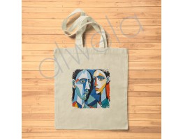 Picasso Tarzı Kadın Erkek Yüzü Tasviri Dijital Baskılı Omuz Askılı Tote Bez Çanta 35x40 CM
