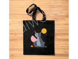 Geometrik Kedi Desen Baskılı Omuz Askılı Siyah Tote Bez Çanta 35x40 CM