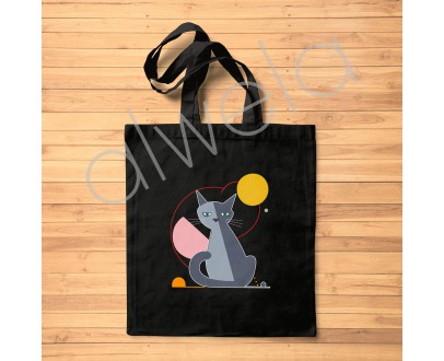Geometrik Kedi Desen Baskılı Omuz Askılı Siyah Tote Bez Çanta 35x40 CM