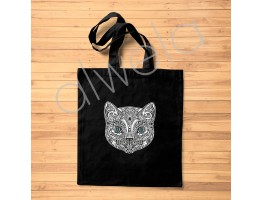 Kedi Yüzü Baskılı Siyah Bez Omuz Çantası 35x40 CM
