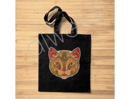 Kedi Yüzü Motifi Dijital Baskılı Siyah Omuz Askılı Bez Çanta 35x40 CM