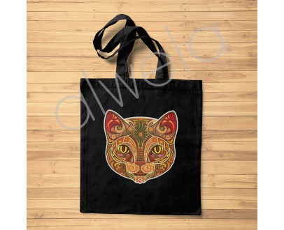Kedi Yüzü Motifi Dijital Baskılı Siyah Omuz Askılı Bez Çanta 35x40 CM