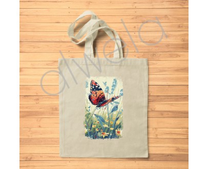 Kelebek Resim Baskılı Omuz Askılı Ekru Pamuklu Plaj Çanta 35x40 CM
