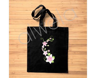 Lotus Çiçeği Sembolü Baskılı Siyah Bez Çanta 35x40 CM