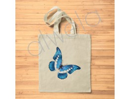 Mavi Kelebek Desen Baskılı Omuz Askılı Ekru Ham Bez Çanta 35x40 CM