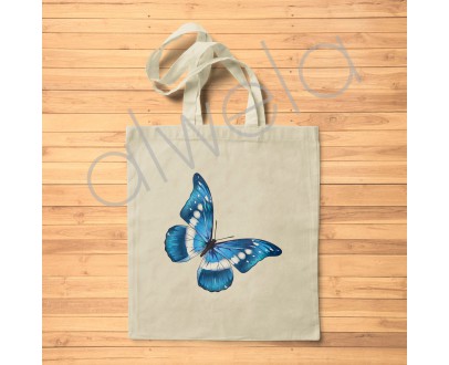 Mavi Kelebek Desen Baskılı Omuz Askılı Ekru Ham Bez Çanta 35x40 CM