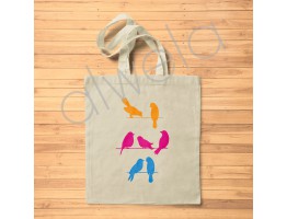 Renkli Kuş Silüetleri Baskılı Omuz Askılı Ekru Bez Çanta 35x40 CM