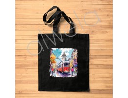 İstanbul Tramvay & Galata Kulesi Desenli Omuz Askılı Siyah Bez Çanta 35x40 CM