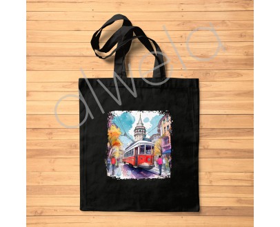 İstanbul Tramvay & Galata Kulesi Desenli Omuz Askılı Siyah Bez Çanta 35x40 CM